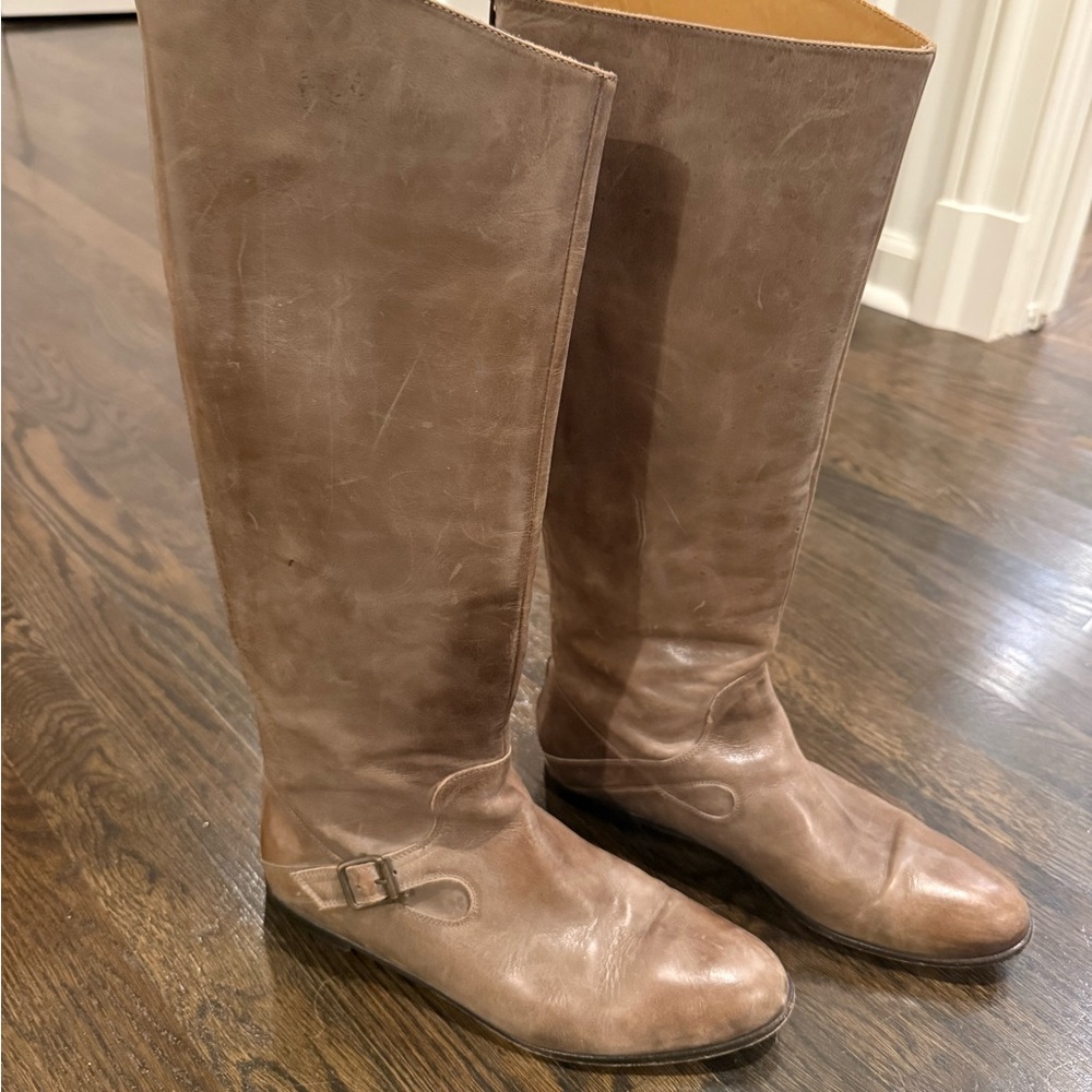 LIKE NEW Saks Fifth Avenue Distressed Riding Boots Taupe Leather Size 41